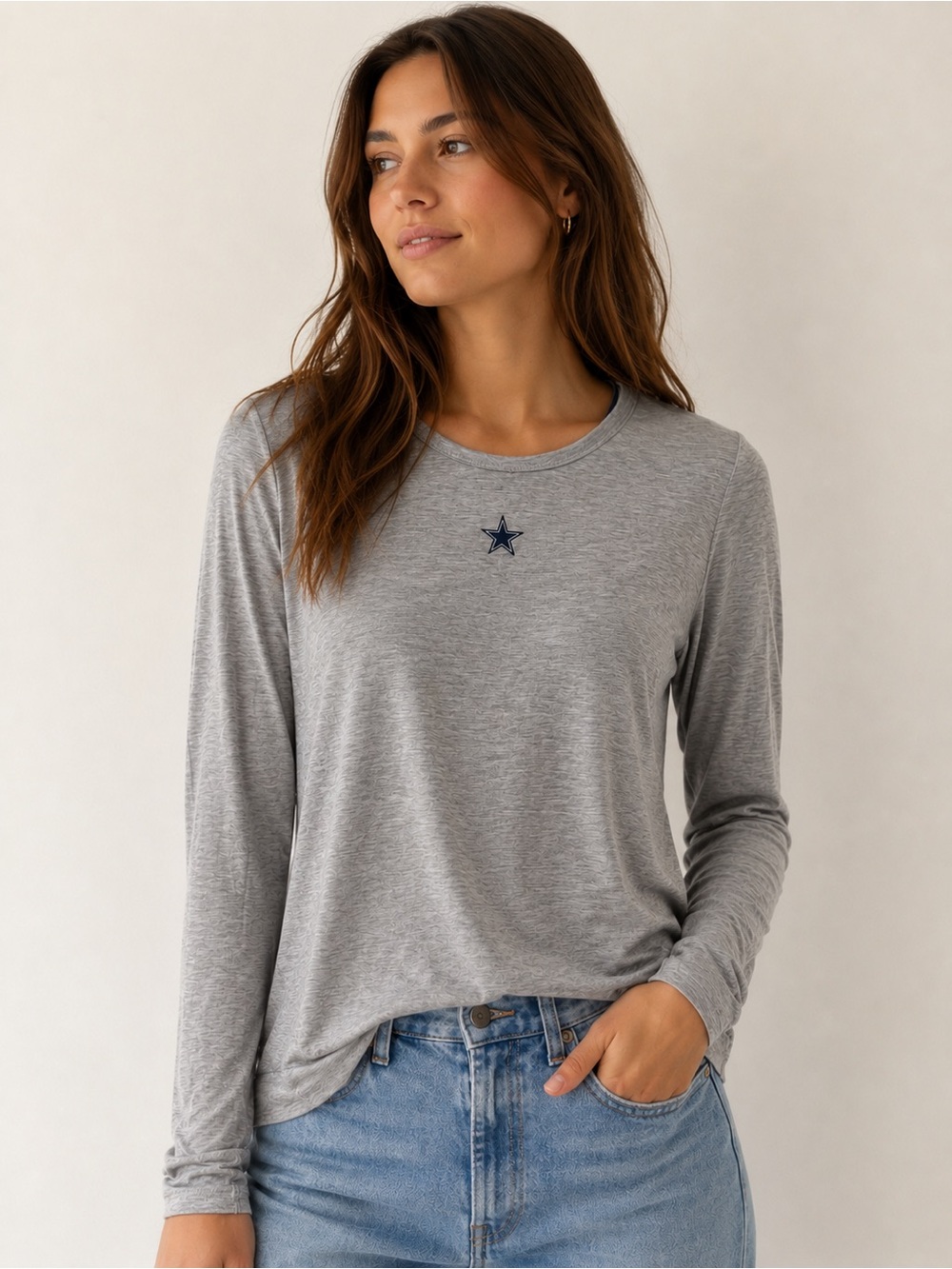 Wear by Erin Andrews Dallas Cowboys Long‑Sleeve Top – Heather Gray, Size XS